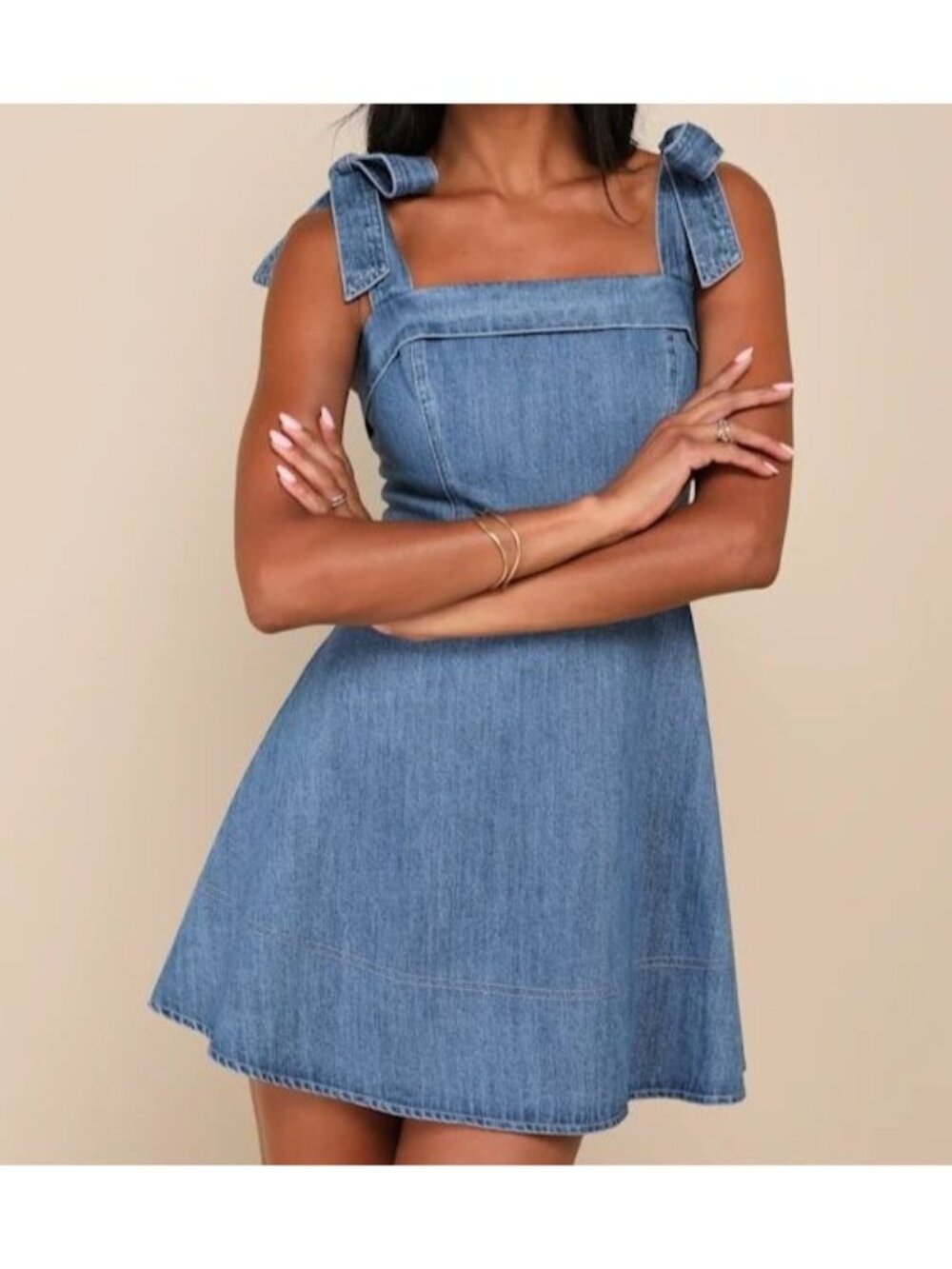Lulus Precisely Sweet Medium Wash Tie Strap Denim Mini Dress Large